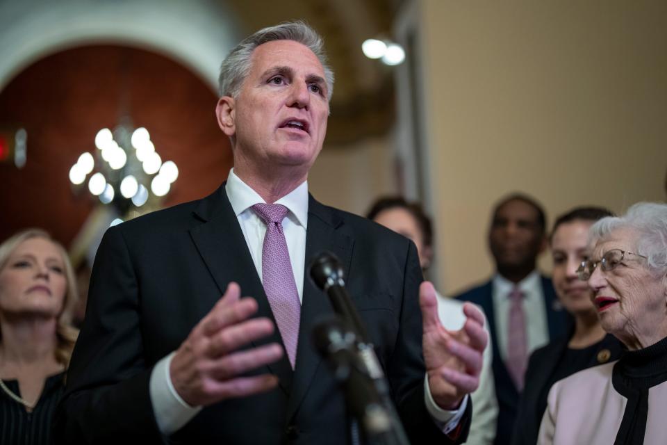 House Speaker Kevin McCarthy, R-Calif., talks to reporters at the Capitol on Friday, March 24, 2023.