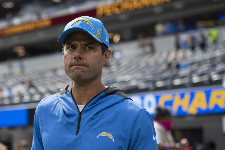 Los Angeles Chargers head coach Brandon Staley enters the field before an NFL football game against the Cleveland Browns Sunday, Oct. 10, 2021, in Inglewood, Calif. (AP Photo/Kyusung Gong)