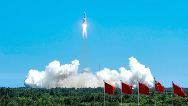 PHOTO: The rocket carrying China's second module for its Tiangong space station lifts off from Wenchang spaceport in southern China, on July 24, 2022. (CNS/AFP via Getty Images)