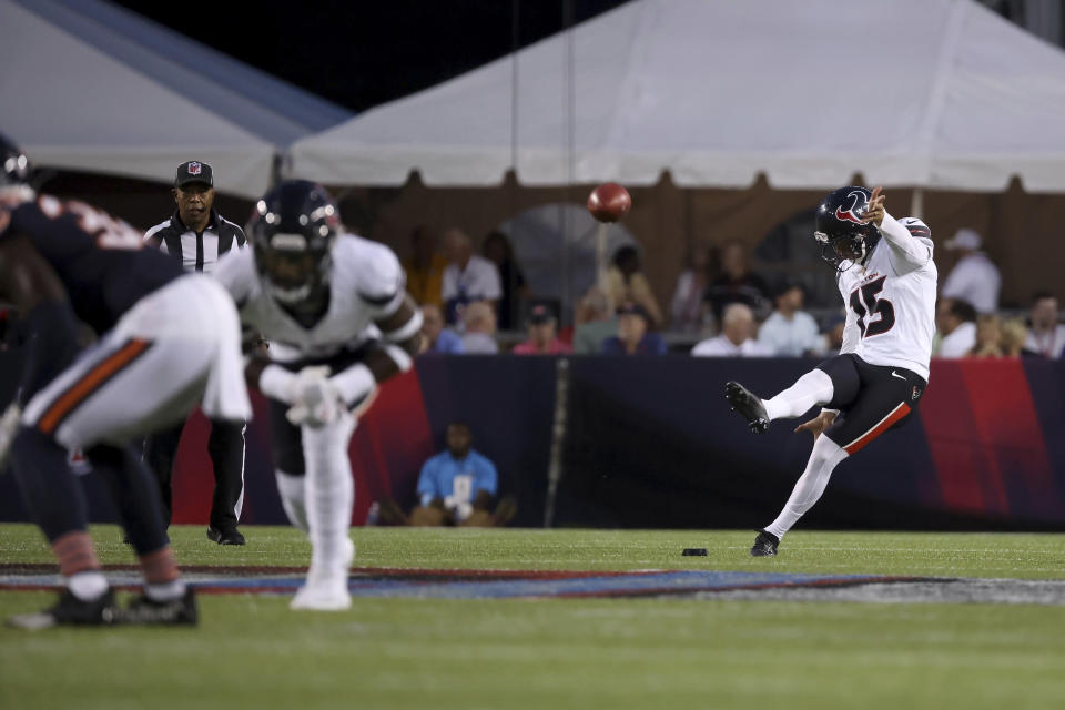 Houston Texans kicker Ka'imi Fairbairn (15) kicks the ball during last week's Hall of Fame Game. (AP Photo/Kirk Irwin)