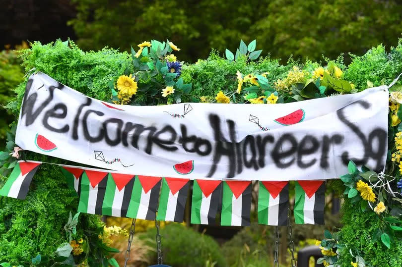 A banner in Abercromby Square,where students are camping in support of Gaza.(Pic Andrew Teebay).