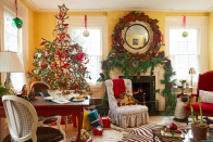 <p>Spectacular ornaments belong in more places besides on the tree. Tastemaker Christopher Spitzmiller cleverly used a trio of handsome, oversized ornaments to act as swags for his living room windows. The Parish-Hadley slipper chair is covered in a Bennison fabric. </p>