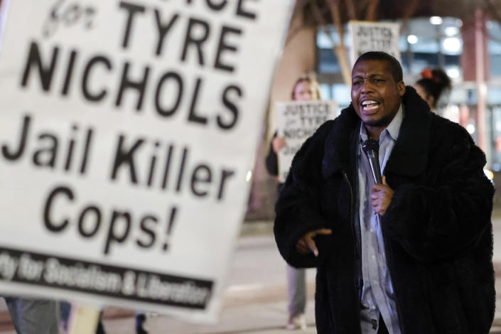 Raymond Washington speaks during a protest over the death of Tyre Nichols, Friday, Jan. 27, 2023, in Atlanta. (AP Photo/Alex Slitz)