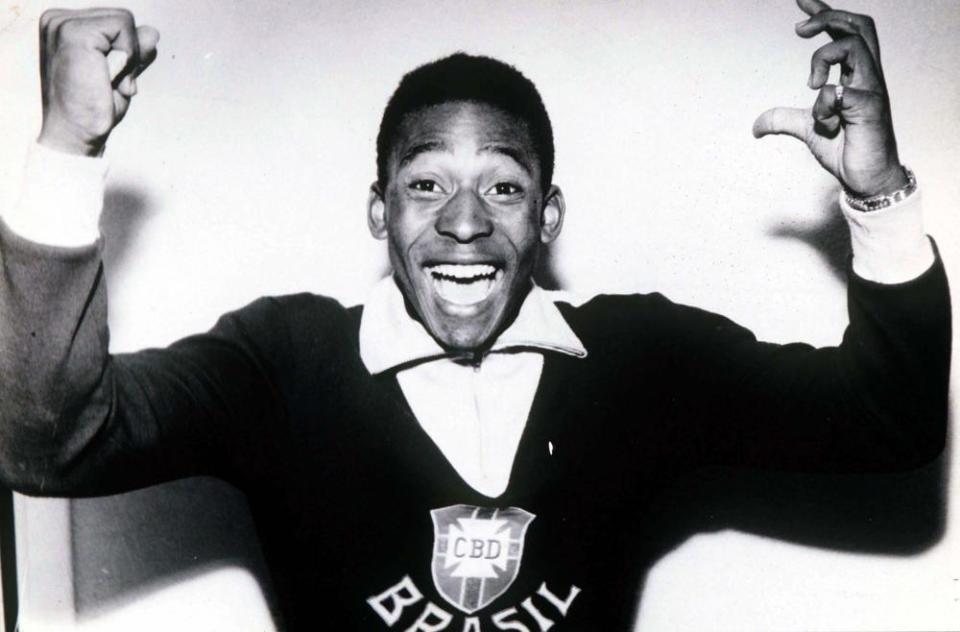 Pelé celebrates after the 1958 World Cup final against Sweden.