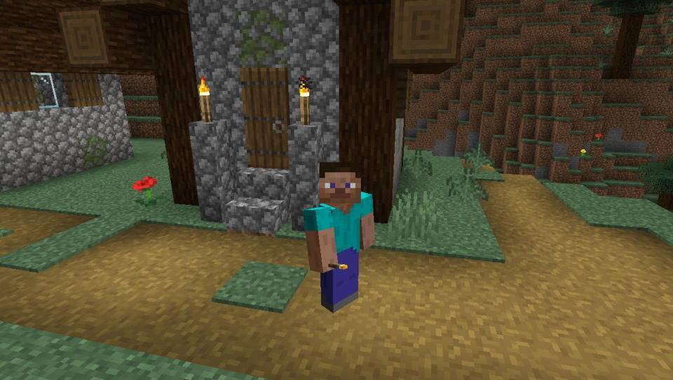Minecraft houses - Steve in front of a villager house