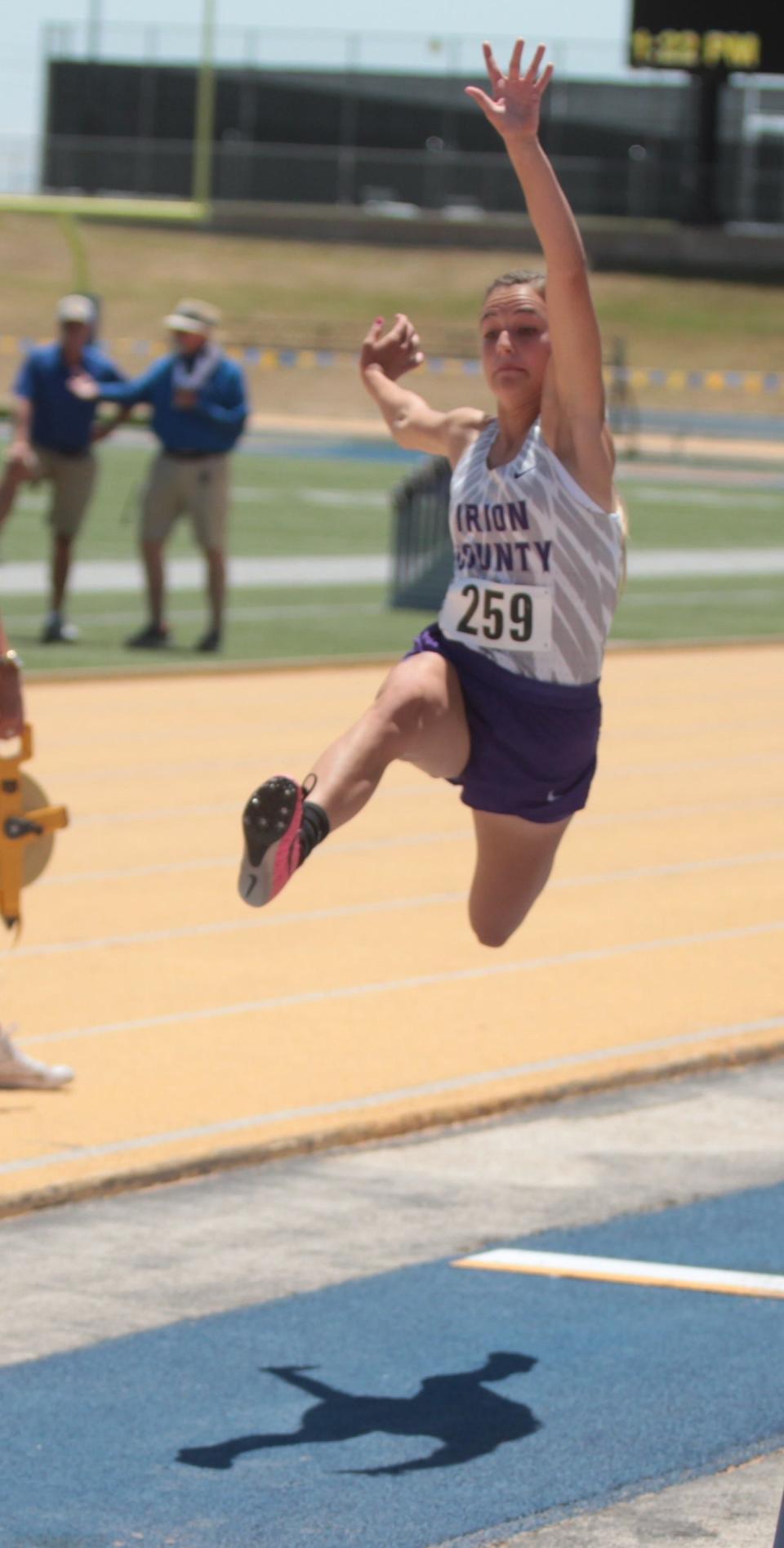 Irion County High School's Kaegen James competes in the girls long jump at the Region II-1A Track and Field Championships Friday, April 29, 2022, at LeGrand Stadium at Angelo State University.