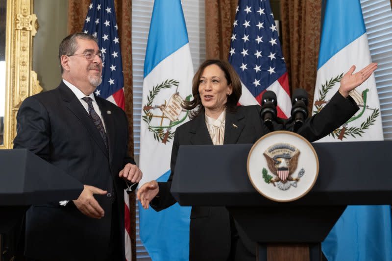 Vice President Kamala Harris and President Bernardo Arévalo of Guatemala speak to reporters Monday, before their bilateral meeting, in the Vice President's Ceremonial Office in the Eisenhower Executive Office Building on the White House Campus in Washington, D.C. Photo by Ron Sachs/UPI