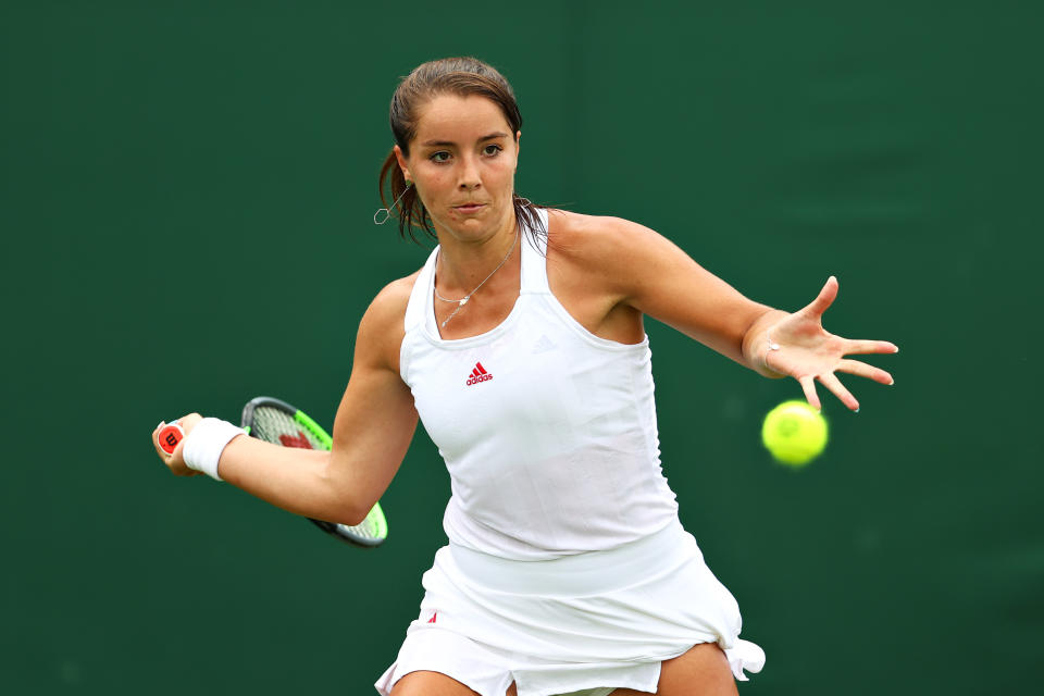 LONDON, ENGLAND - JUNE 28: Jodie Burrage of Great Britain plays a forehand  in her Ladies' Singles First Round match against Lauren Davis of The United States during Day One of The Championships - Wimbledon 2021 at All England Lawn Tennis and Croquet Club on June 28, 2021 in London, England. (Photo by Julian Finney/Getty Images)