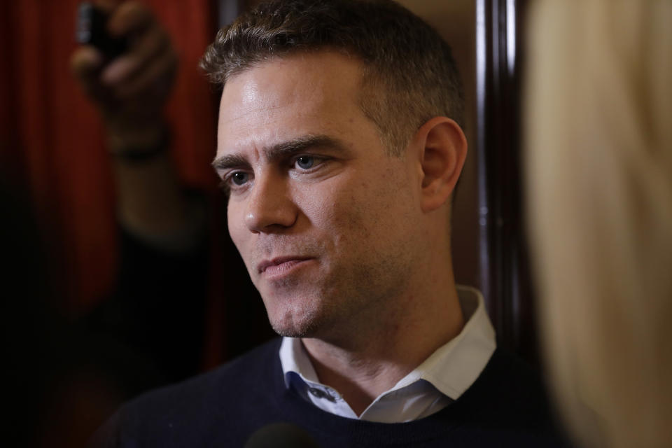 Theo Epstein, president of baseball operations for the Chicago Cubs, speaks to reporters during the Major League Baseball General Manager Meetings Wednesday, Nov. 7, 2018, in Carlsbad, Calif. (AP Photo/Gregory Bull)