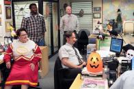 <p>Andy Bernard (dressed as George Michael) invites an a capella group, Here Comes Treble, from his alma mater, Cornell, to perform for the staff. Pam gets angry with Jim about an investment he made in a sports marketing company. Oh, and Dwight gets a pumpkin stuck on his head.</p><p><strong>Jim's Costume:</strong> None (he has an important meeting)</p>