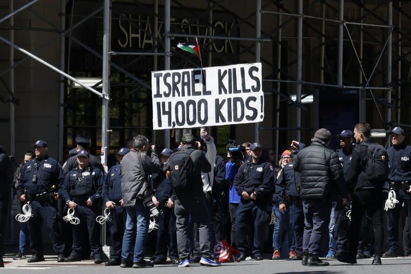 Pro-Palestinian protesters demonstrate at Columbia University in New York on Monday. Columbia University announced that classes would be held remotely starting Monday, as pro-Palestinian protests continued for the sixth day on the school's campus. Photo by John Angelillo/UPI