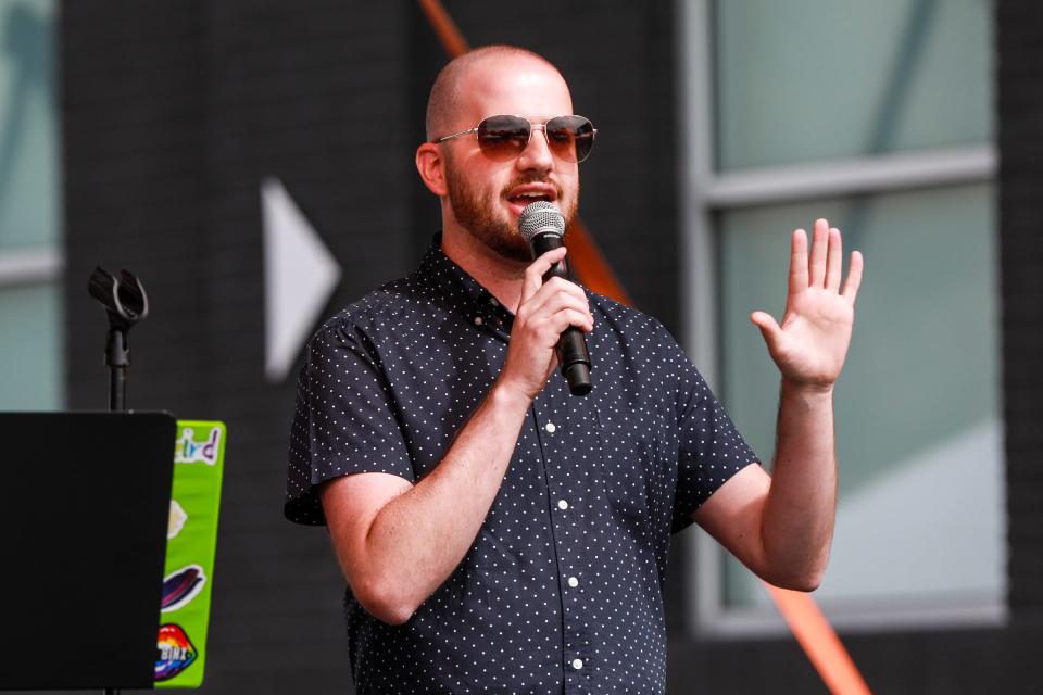 Michigan state Sen. Jeremy Moss speaks about a bill he sponsored, Senate Bill 208, that wants to expand civil rights law "protected class" status to sexual orientation and "gender expression," during Ferndale Pride in downtown Ferndale on Nine Mile Road on Oct. 2, 2021.