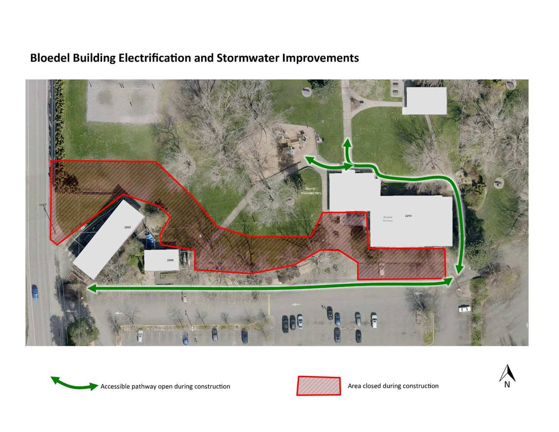 The area shaded in red shows where the construction equipment will be staged for work in summer 2024 at Bloedel Donovan Park. City of Bellingham/Courtesy to The Bellingham Herald