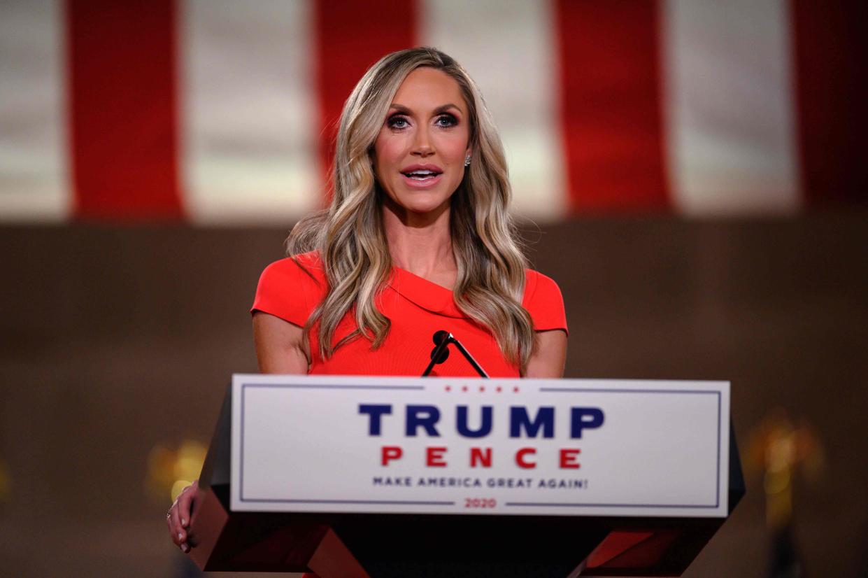 Lara Trump, wife of US President Donald Trump's son Eric, addresses the Republican National Convention in a pre-recorded speech at the Andrew W. Mellon Auditorium in Washington, DC, on August 26, 2020. (Photo by NICHOLAS KAMM / AFP) (Photo by NICHOLAS KAMM/AFP via Getty Images) ORG XMIT: 2702 ORIG FILE ID: AFP_1WS37I.jpg