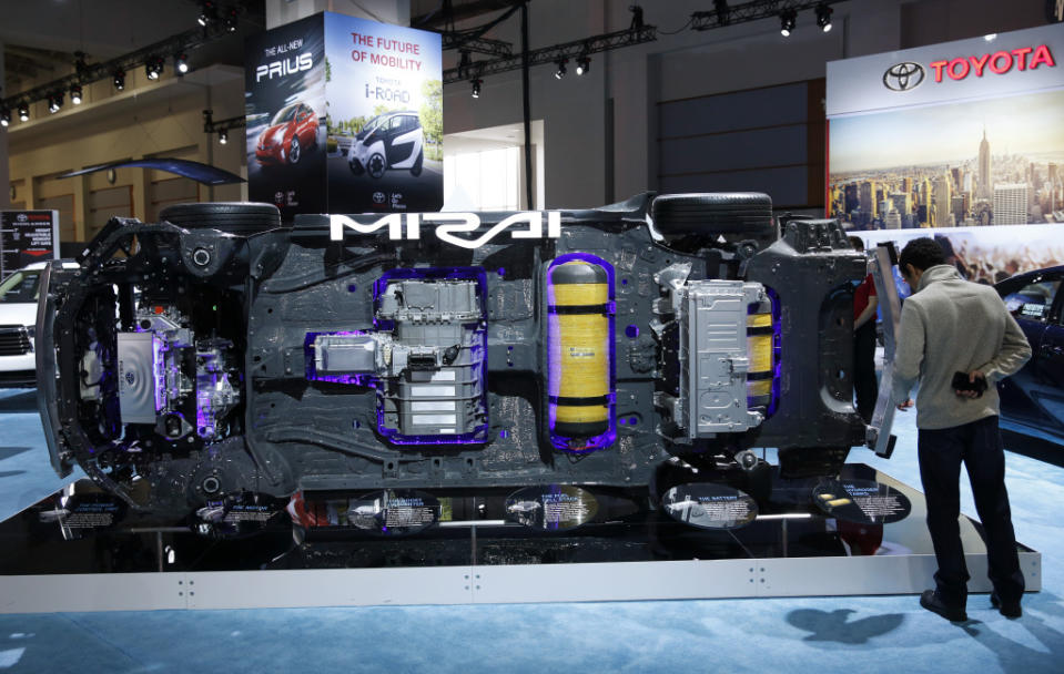 The underside components of a Toyota Mirai hydrogen fuel cell vehicle