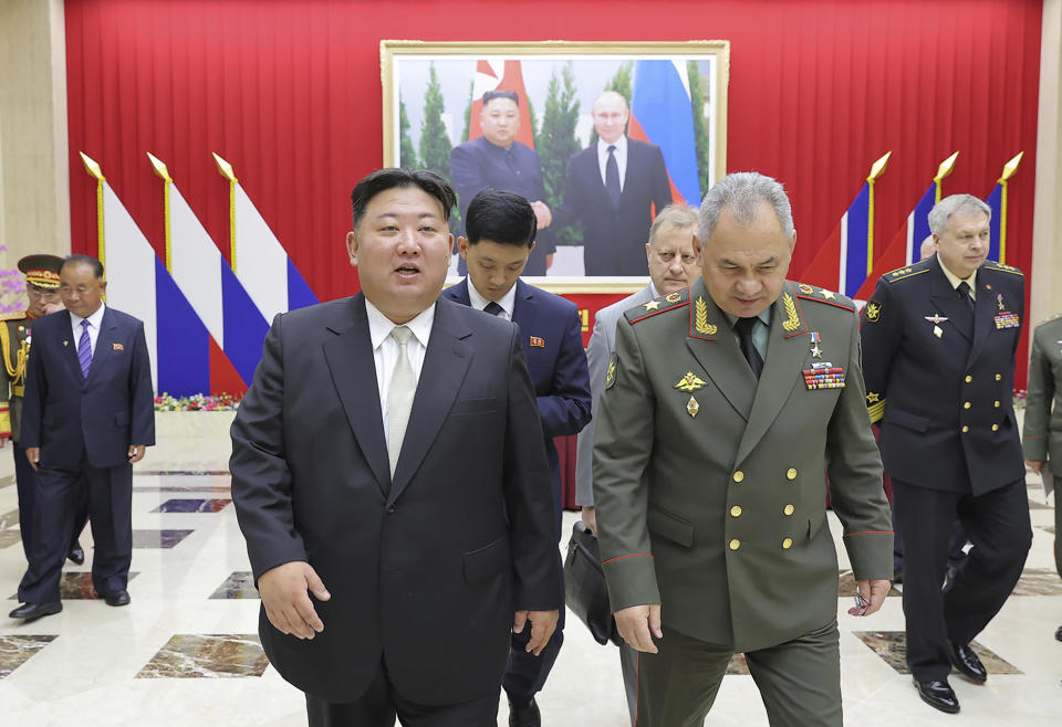 In this photo provided by the North Korean government, North Korean leader Kim Jong Un, center, and Russian Defense Minister Sergei Shoigu, left, head to a banquet hall of the ruling Workers’ Party’s headquarters in Pyongyang, North Korea Thursday, July 27, 2023. Independent journalists were not given access to cover the event depicted in this image distributed by the North Korean government. The content of this image is as provided and cannot be independently verified. (Korean Central News Agency/Korea News Service via AP)