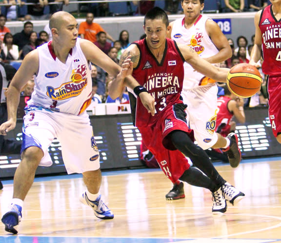 Rain or Shine's Paul Lee keeps in step with Ginebra's Jay-jay Helterbrand. (PBA Images)