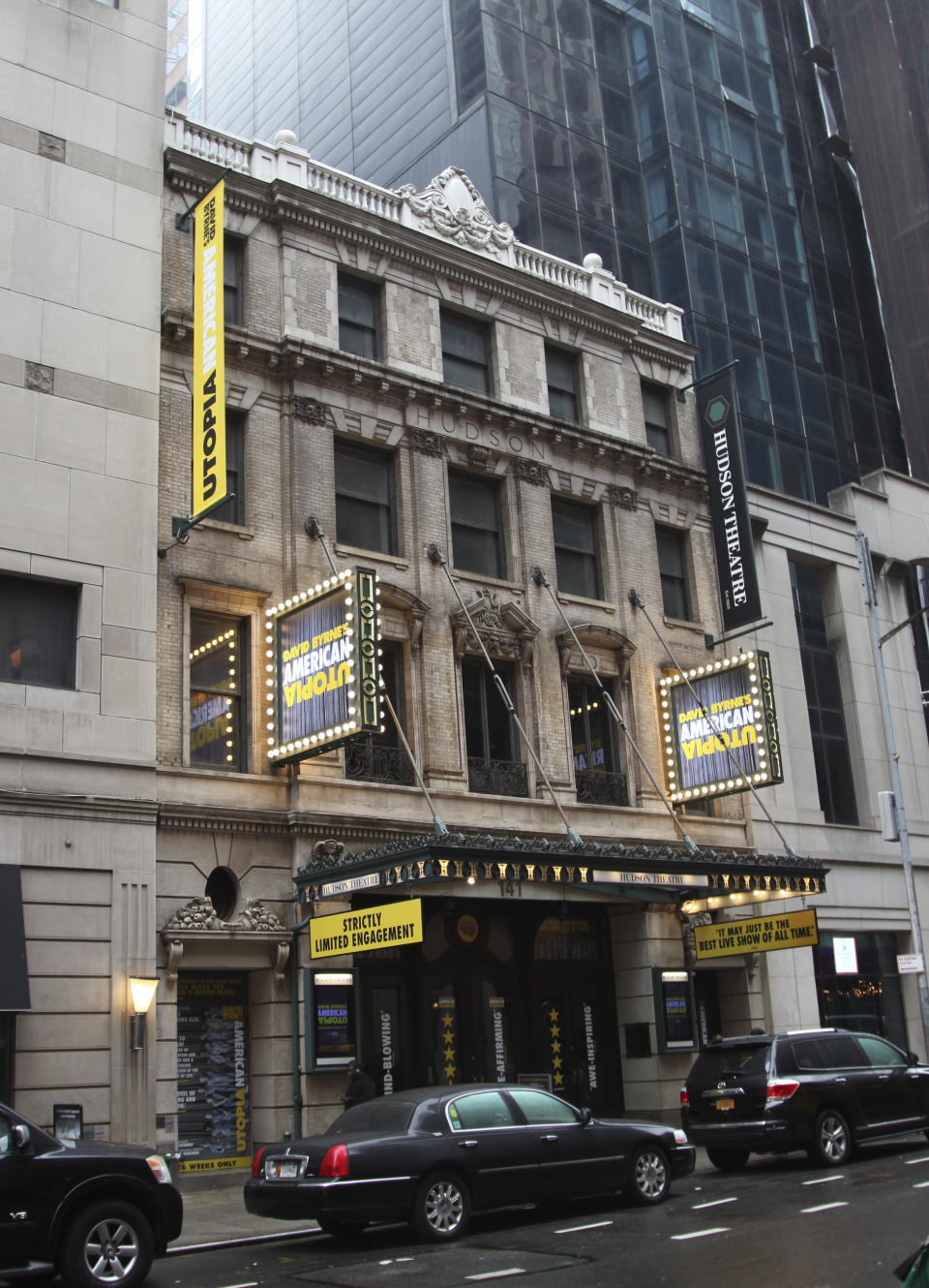 This Oct. 29, 2019 photo shows the exterior of the Hudson Theatre on West 44th Street in New York. A newly launched tour of the Hudson Theatre offers a rare chance to wander around the interior of Broadway’s oldest theater. (AP Photo/Mark Kennedy)