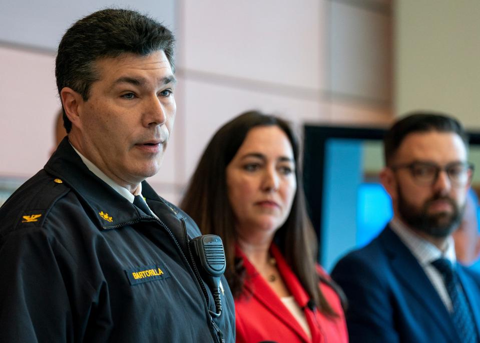 Middletown Township Police Chief Joe Bartorilla, left, speaks to the media alongside Bucks County District Attorney Jen Schorn, center, and Chief Deputy District Attorney - Chief of Child Abuse Prosecution, Matthew S. Lannetti, right, at the press conference about the Mohn murder case at the Bucks County Justice Center in Doylestown on Friday, Feb.2, 2024. 

Daniella Heminghaus | Bucks County Courier Times