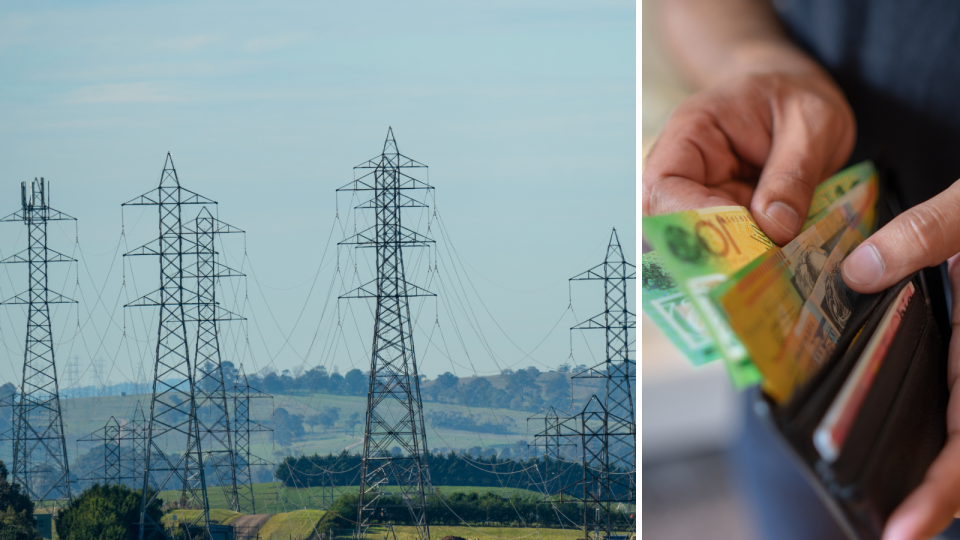 Electricity power lines. Australian money. Utility bills concept.