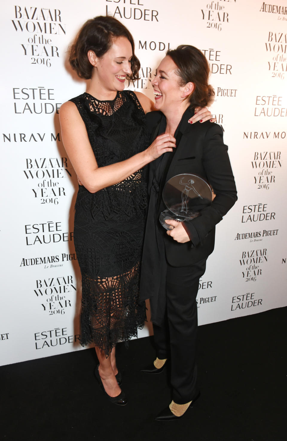 LONDON, ENGLAND - OCTOBER 31:  Presenter Phoebe Waller-Bridge (L) and Outstanding Performance award winner Olivia Colman attends the Harper's Bazaar Women of the Year Awards 2016 at Claridge's Hotel on October 31, 2016 in London, England.  (Photo by David M. Benett/Dave Benett/Getty Images for Harper's Bazaar)