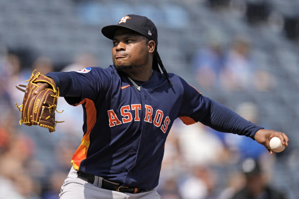 Houston Astros starting pitcher Framber Valdez throws during the first inning of a baseball game against the Kansas City Royals Sunday, Sept. 17, 2023, in Kansas City, Mo. (AP Photo/Charlie Riedel)