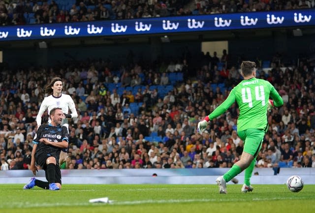 World XI’s Lee Mack scores in Soccer Aid for  UNICEF 2021