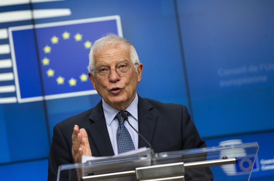 European Union foreign policy chief Josep Borrell speaks during a media conference after a meeting of EU foreign ministers by videoconference at the European Council building in Brussels on Monday, June 15, 2020. The talks, which included a videoconference with U.S. Secretary of State Mike Pompeo, focused on China, developments in the Middle East and trans-Atlantic relations. (AP Photo/Virginia Mayo, Pool)