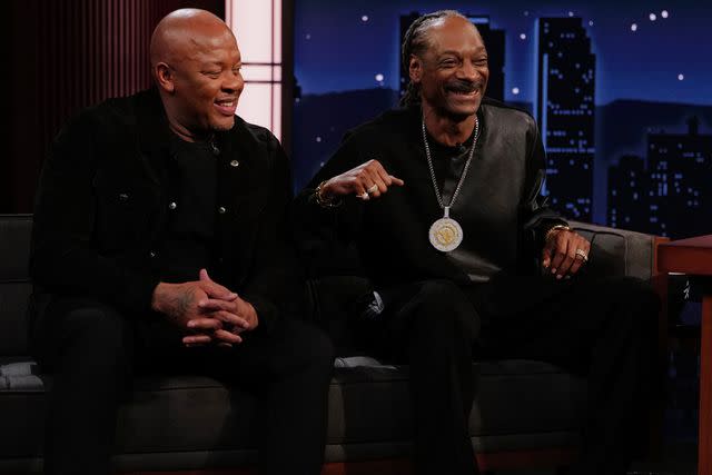 <p>Disney/Randy Holmes</p> Dr. Dre and Snoop Dogg on Jimmy Kimmel Live! on March 19, 2024