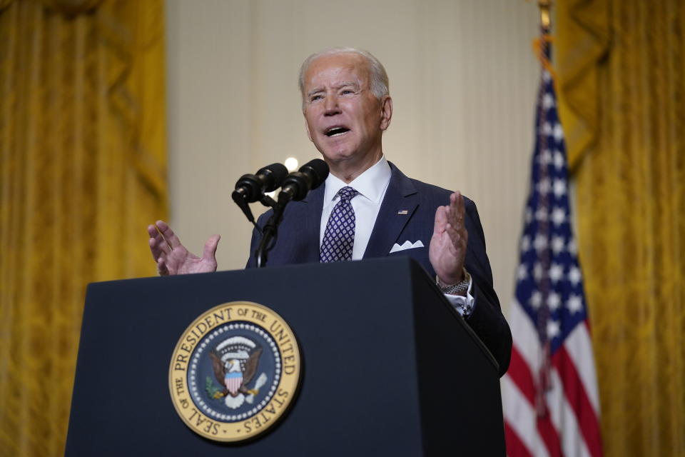 El presidente estadounidense Joe Biden habla durante un evento virtual de la Conferencia de Seguridad de Munich desde l Casa Blanca, Washington, 19 de febrero de 2021. (AP Foto/Patrick Semansky)