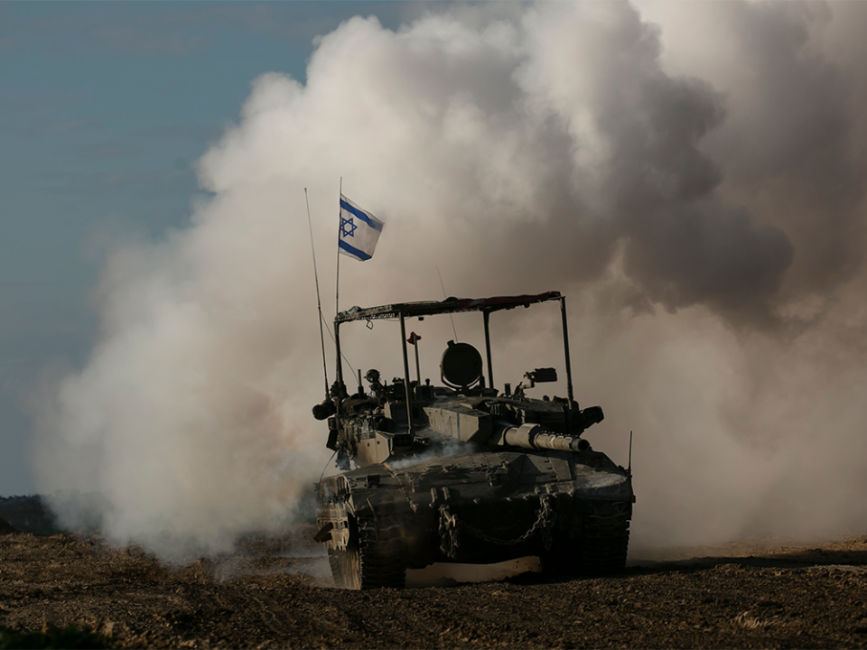  An Israeli tank moves along the border with the Gaza Strip on Jan. 24, 2024 in southern Israel.