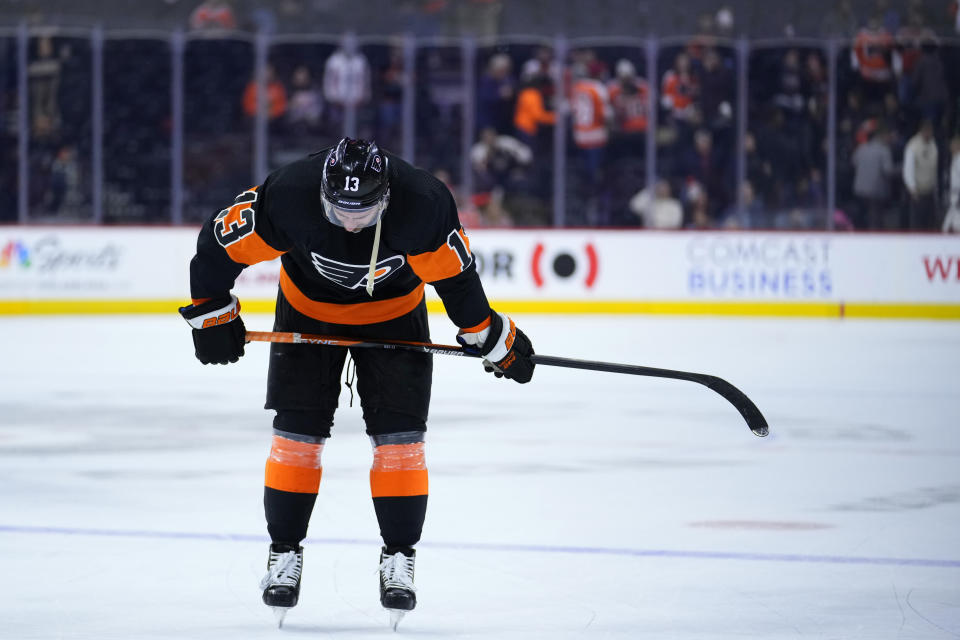 Philadelphia Flyers' Kevin Hayes skates off the ice after an NHL hockey game against the Washington Capitals, Wednesday, Dec. 7, 2022, in Philadelphia. (AP Photo/Matt Slocum)