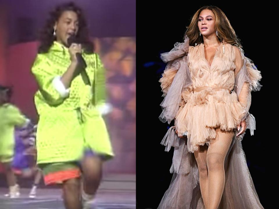 Beyoncé performing on "Star Search" with Girls Tyme in 1993, and Beyoncé onstage during the On The Run II Tour in 2018.