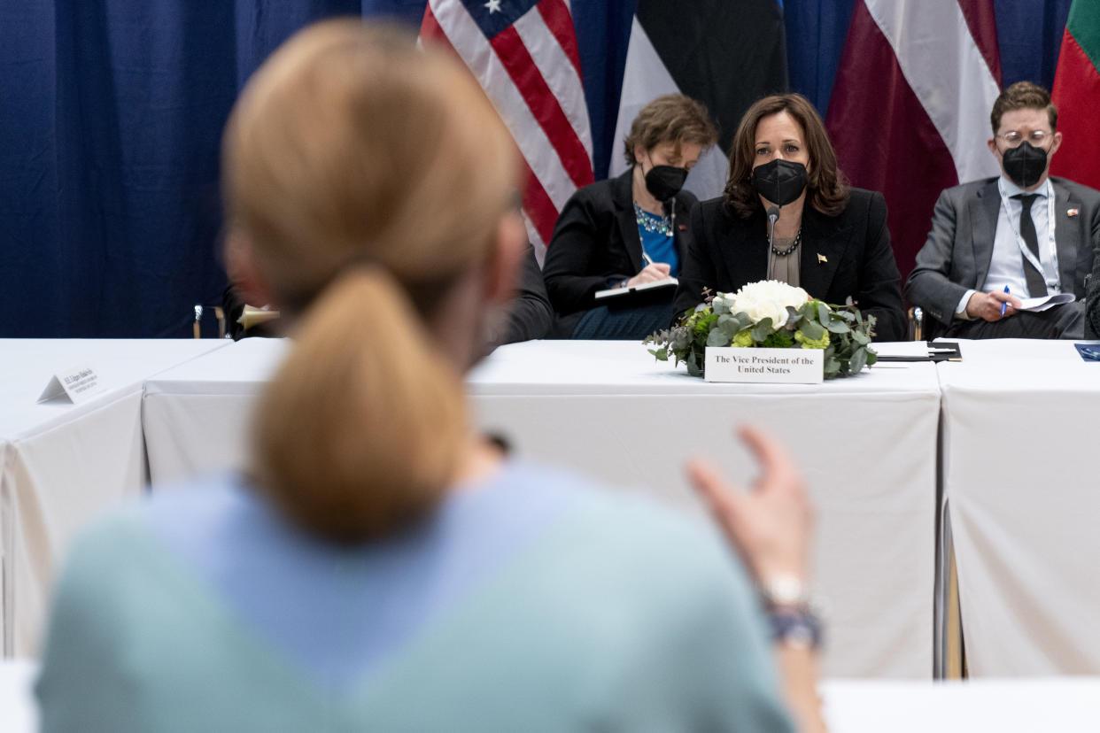 Vice President Kamala Harris, listens as Estonia's Prime Minister Kaja Kallas, foreground, speaks during a meeting at the Munich Security Conference, Friday, Feb. 18, 2022, in Munich. (AP Photo/Andrew Harnik, Pool)