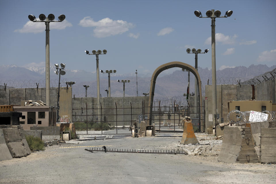 A gate is seen at the Bagram Air Base in Afghanistan, Friday, June 25, 2021. In 2001 the armies of the world united behind America and Bagram Air Base, barely an hours drive from the Afghan capital Kabul, was chosen as the epicenter of Operation Enduring Freedom, as the assault on the Taliban rulers was dubbed. It’s now nearly 20 years later and the last US soldier is soon to depart the base. (AP Photo/Rahmat Gul)