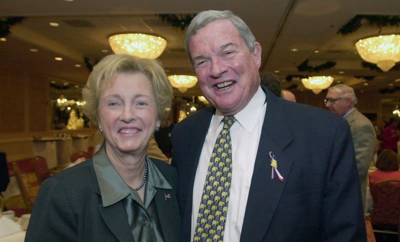 Former Missouri U.S. Senator and Missouri first lady Jean Carnahan, shown in this October 2001 file photo with Missouri U.S. Senator Christopher "Kit" Bond, has passed away at the age of 90 years old, in St. Louis on Tuesday. File photo by Bill Greenblatt/UPI