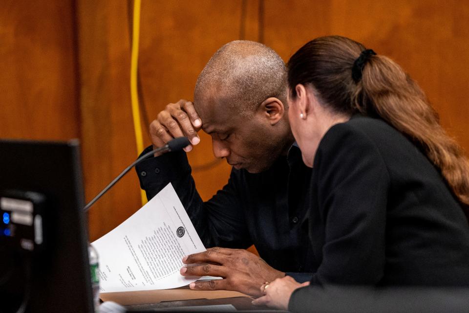 Defense attorney Milagros Camacho and Randy Manning are shown during the a trial at Bergen County Courthouse on Wednesday, May 11, 2023. Manning is accused of shooting Rhian "Kampane" Stoute and setting his body on fire in a vacant house in Englewood in August 2011.