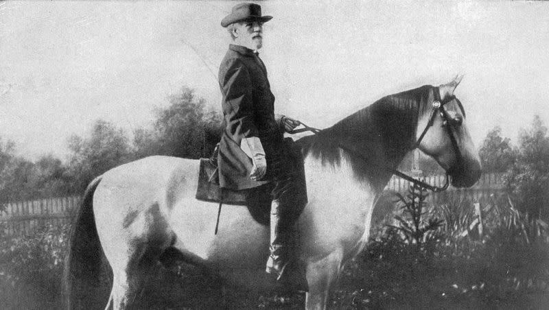 In this monochrome photograph taken by Michael Miley in 1866, Confederate Gen. Robert E. Lee is pictured on his horse, Traveller.