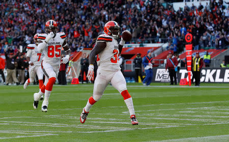 NFL Football - Minnesota Vikings vs Cleveland Browns - NFL International Series - Twickenham Stadium, London, Britain - October 29, 2017 Cleveland Browns' Isaiah Crowell celebrates scoring a touchdown Action Images via Reuters/Andrew Boyers