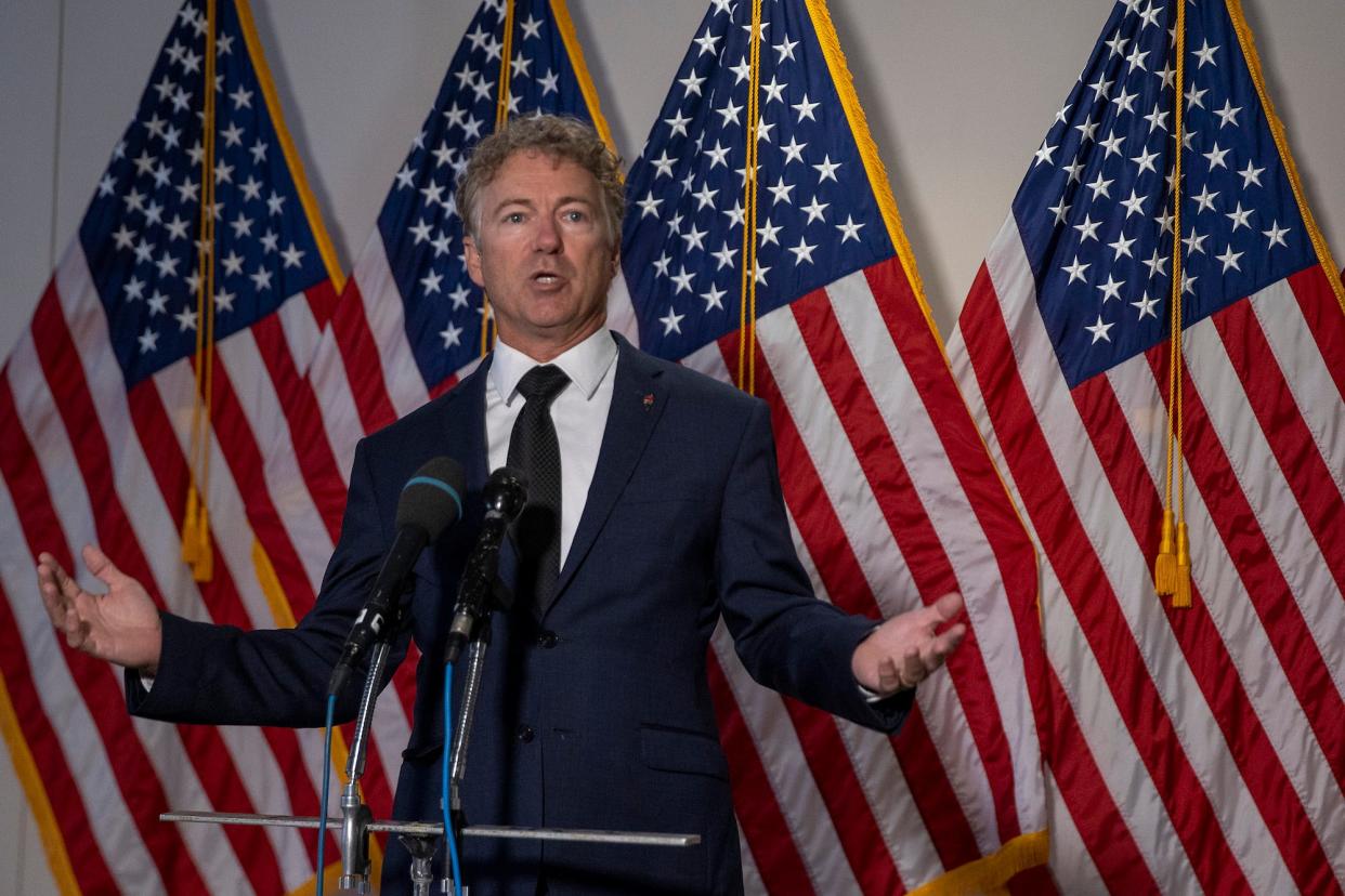 Republican Sen. Rand Paul of Kentucky speaks to the media after the weekly policy luncheons on Capitol Hill July 21, 2020, in Washington, DC.