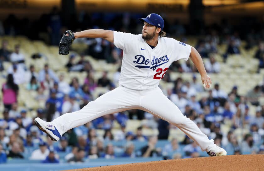 LOS ANGELES, CA - MAY 16: Los Angeles Dodgers starting pitcher Clayton Kershaw delivers a pitch during the first inning against the Minnesota Twins at Dodger Stadium against the Minnesota Twins on Tuesday, May 16, 2023 in Los Angeles.(Gina Ferazzi / Los Angeles Times)