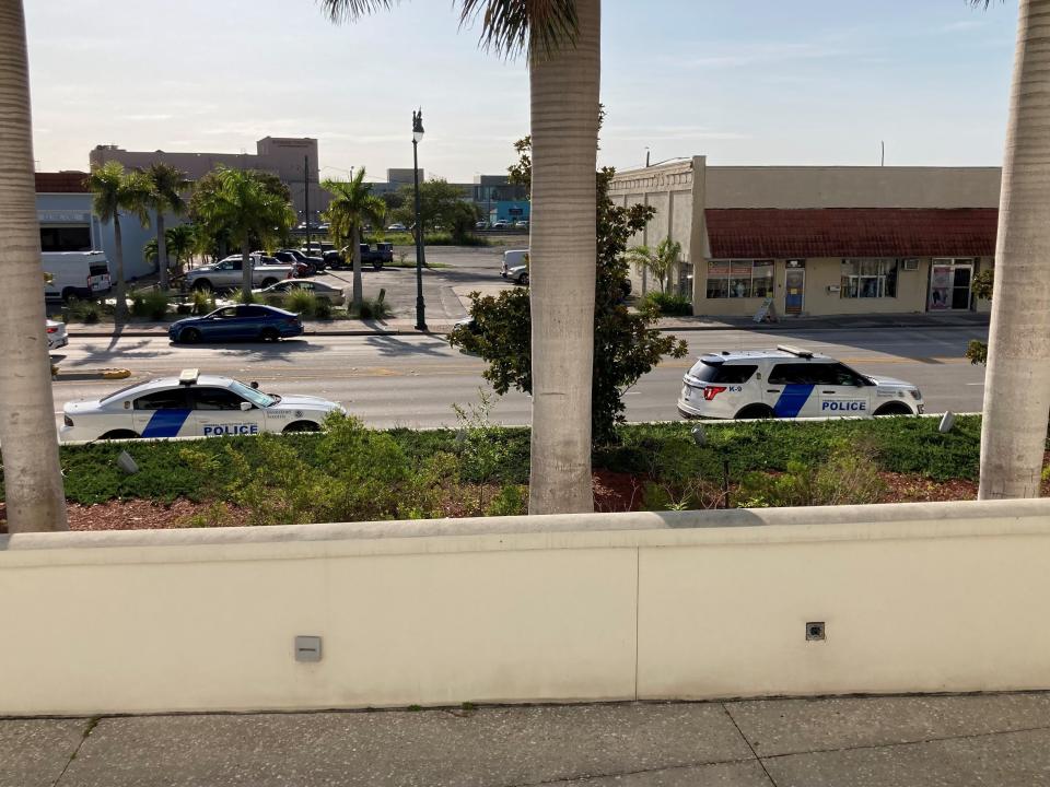 Two Federal Protective Service vehicles are pictured Tuesday, July 18, 2023, on the sidewalk in front of the Alto Lee Adams Sr. U.S. Courthouse in Fort Pierce, Fla., ahead of the first pretrial hearing in United States v. Donald Trump and Waltine "Walt" Nauta.