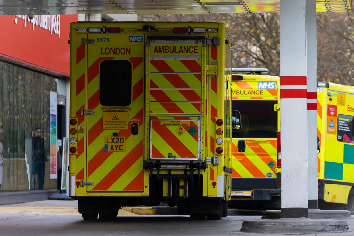 LONDON, UNITED KINGDOM - 2022/12/07: Ambulances belonging to the London Ambulance Service are seen parked at St. Thomas' Hospital. More than 10,000 NHS ambulance staff from nine NHS hospital trusts in England and Wales will walk out on December 21 in a dispute over pay, the trade union GMB has announced. (Photo by Tejas Sandhu/SOPA Images/LightRocket via Getty Images)