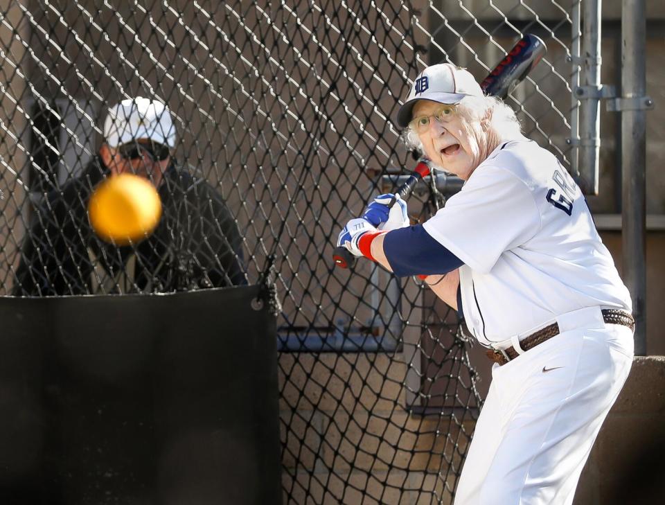 Benny Wasserman, 88, keeps his eyes on the ball at the batting cages at Home Run Park in Anaheim.