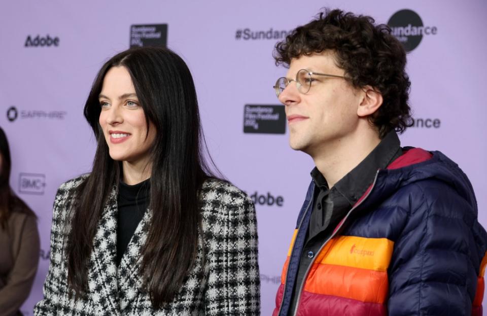 Riley Keough and Jesse Eisenberg attend the "Sasquatch Sunset" Premiere during the 2024 Sundance Film Festival at Eccles Center Theatre on January 19, 2024 in Park City, Utah.