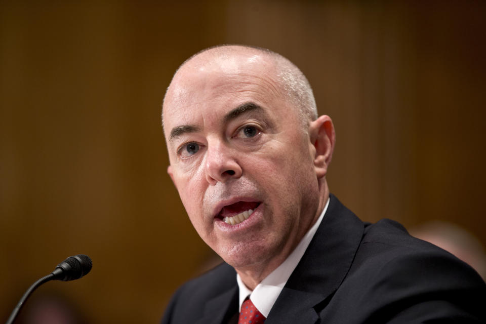 FILE - In this July 25, 2013, file photo Alejandro Mayorkas, President Obama's nominee to become deputy secretary of the Homeland Security Department, testifies on Capitol Hill in Washington before the Senate Homeland Security and Governmental Affairs Committee hearing on his nomination. President-elect Joe Biden is filling out his administration with key picks for his national security and foreign policy teams. Mayorkas will be nominated as the secretary for the department of homeland security. (AP Photo/J. Scott Applewhite)