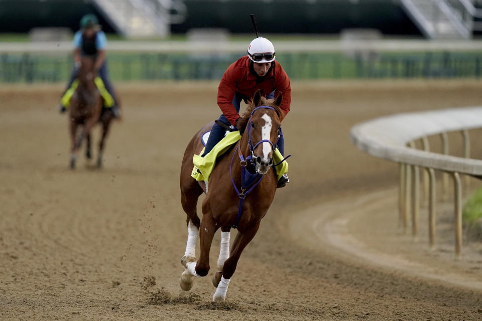 Kentucky Derby entrant King Fury works out at Churchill Downs Wednesday, April 28, 2021, in Louisville, Ky. The 147th running of the Kentucky Derby is scheduled for Saturday, May 1. (AP Photo/Charlie Riedel)