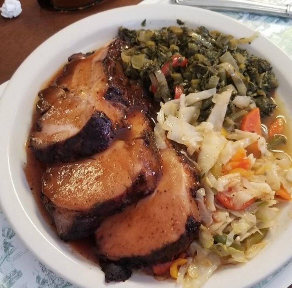 The jerk pork tenderloin dinner at Rodney’s Jamaican Grill is served with two sides and sells for $14 at Rodney’s Jamaican Grill, 420 67th St. W., Bradenton.