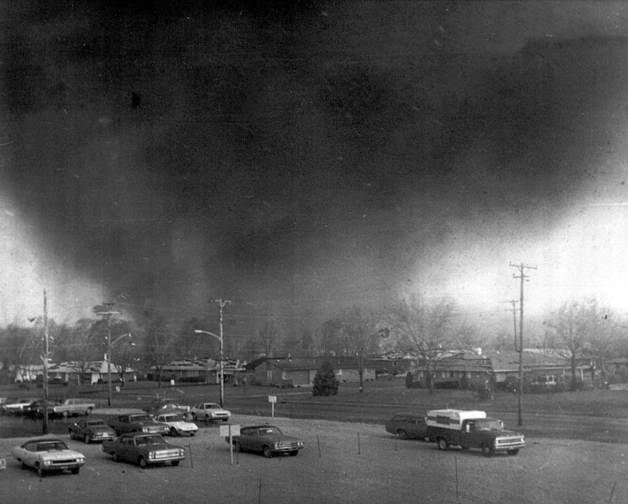 <em>View of the massive F5 tornado from Greene Memorial Hospital on Apr. 3, 1974, taken by Fred Stewart. (National Weather Service, Wilmington, Oh., collection)</em>