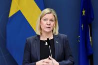 Le Première ministre suédoise Magdalena Andersson lors d'une conférence de presse sur les nouvelles mesures anti-Covid, le 10 janvier 2022 à Stockholm (AFP/Marko SAAVALA)